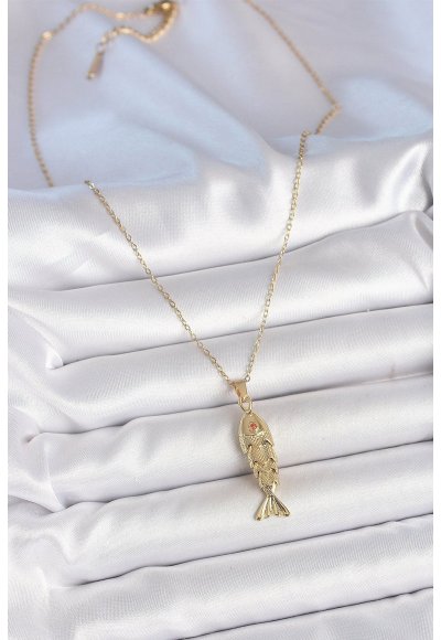 316L Çelik Zincir Gold Renk Zirkon Taşlı Balık Figürlü Kolye