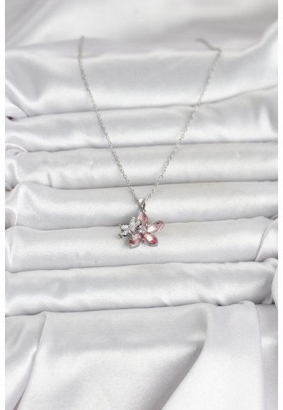 316L Çelik Zincir Gümüş Renk Pembe Lotus Model Kadın Kolye