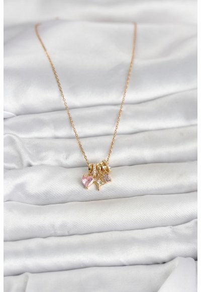 316L Çelik Gold Pembe Zirkon Taşlı Charmlı Kadın Kolye