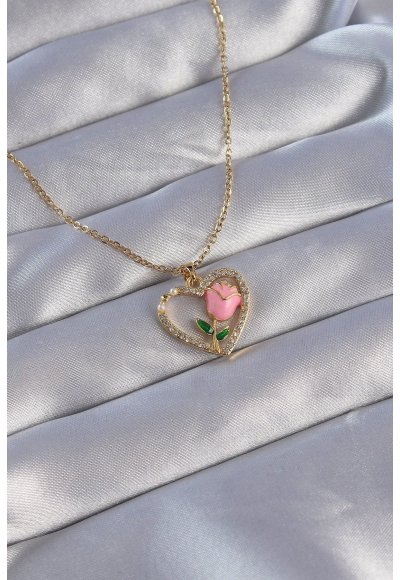 316L Çelik Zincirli Gold Renk Zirkon Taşlı Kalp İçinde Pembe Gül Tasarımlı Kolye