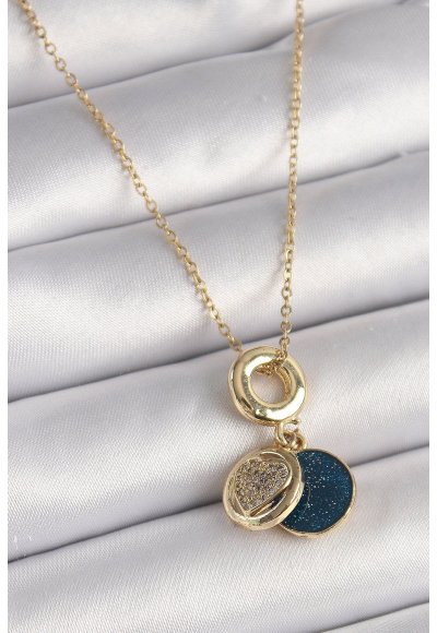 316L Çelik Gold Renk Zincir Zirkon Taşlı Kalp Model Mavi Simli Kadın Kolye