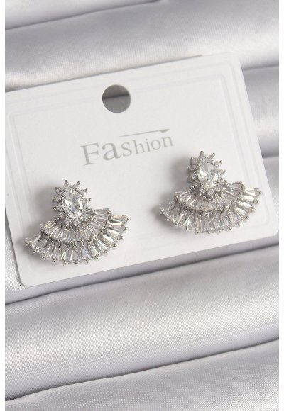 Pirinç Gümüş Renk Zirkon Taşlı Yelpaze Model Kadın Küpe