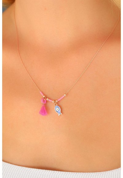 Nazar Boncuklu Pembe Renk Taşlı Rose Bayan Kolye