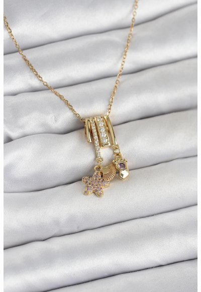 316L Çelik Gold Zirkon Taşlı Deniz Tema Charmlı Kadın Kolye