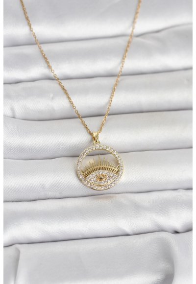 316L Çelik Gold Renk Zirkon Taşlı Göz Model Kadın Kolye