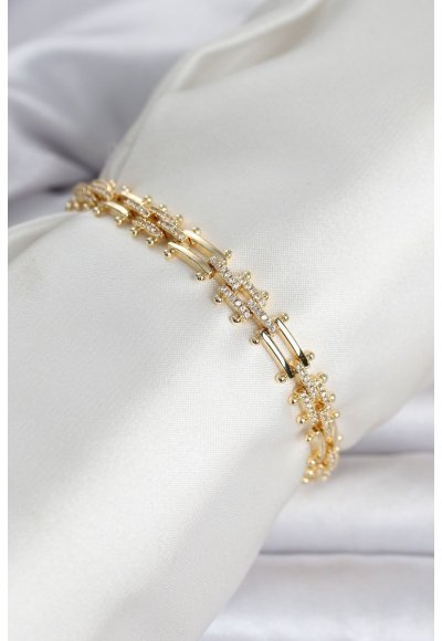 Pirinç Gold Renk Kare Zincir Model Zirkon Taşlı Kadın Bileklik