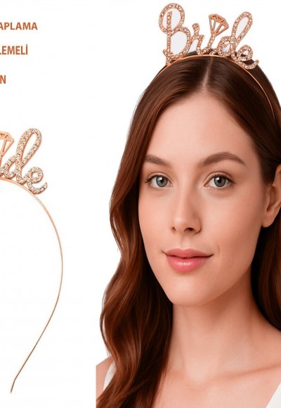 Rose Gold Renkli Taşlı “Bride” Gelin Tacı