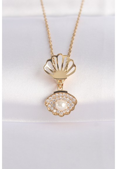316L Çelik Zincir Altın Renk Zirkon Taşlı İnci Detay İstiridye Kolye
