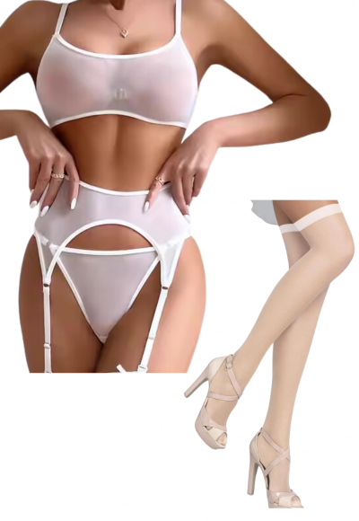 Fantezi Beyaz Transparan Tül Jartiyer Takımı TG273262